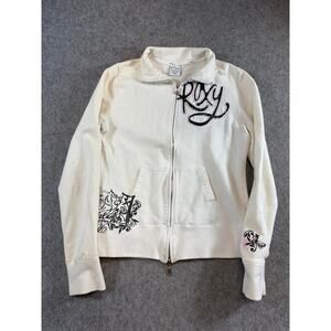 VINTAGE Y2K Roxy Y2K Sweatshirt Youth Girls XL Cream Graphic Full Zip Streetwear